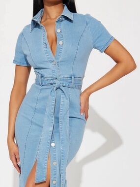 FASHION NOVA Washed Denim Maxi Dress Small Button Front Belted Light Wash Chic